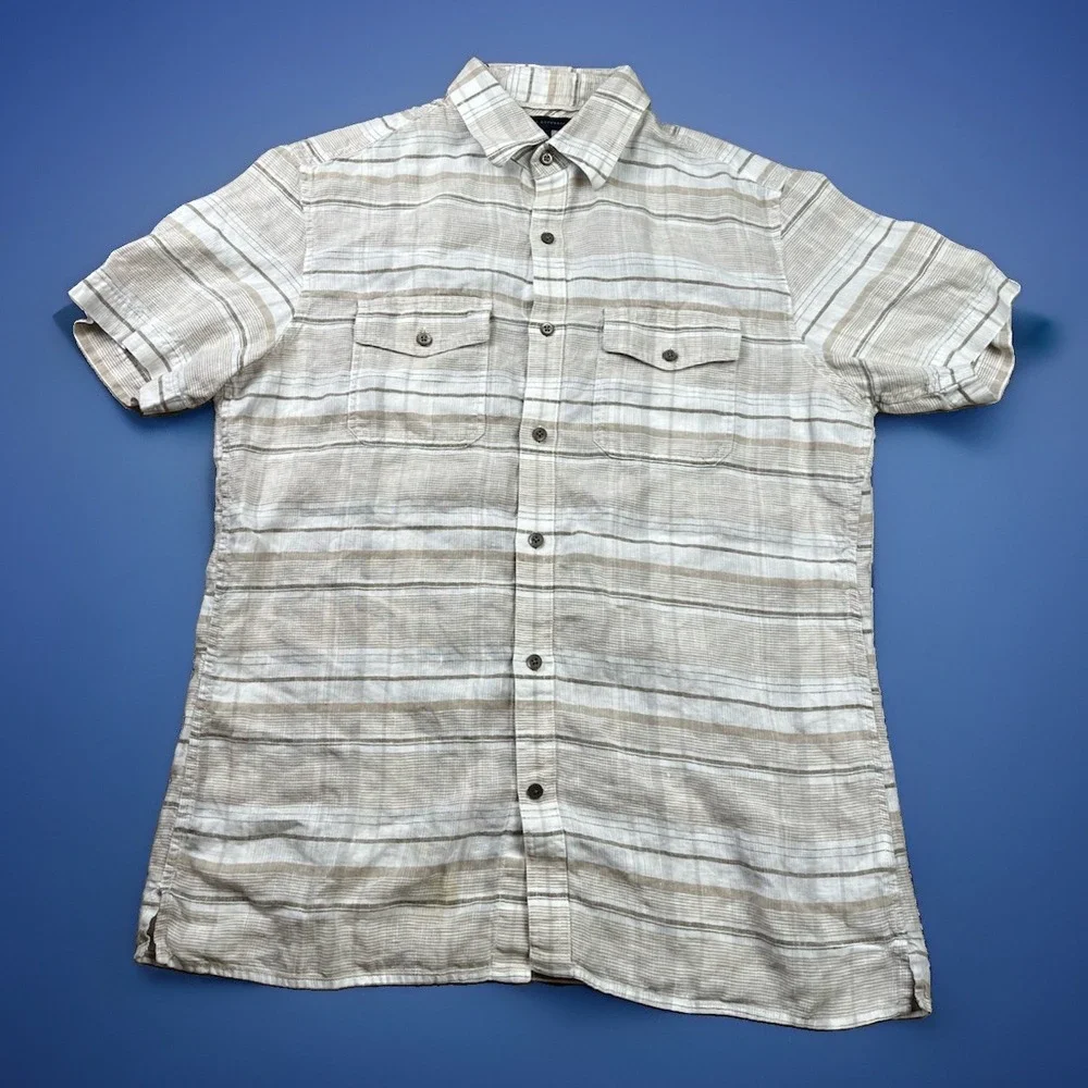 Banana Republic Men's Medium 100% Linen Short Sleeve Shirt Coastal Beige Brown